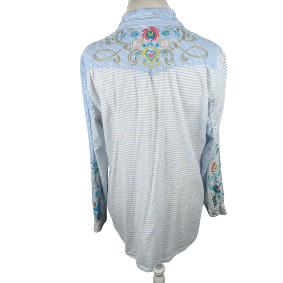 Johnny Was 3J Workshop Western Shirt pearl snap Striped Floral Embroidery Size M - Picture 7 of 11